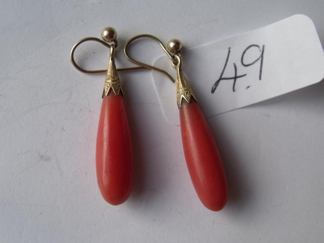 Pair of gold mounted coral drop earrings 3cm long 2.7g inc