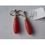 Pair of gold mounted coral drop earrings 3cm long 2.7g inc