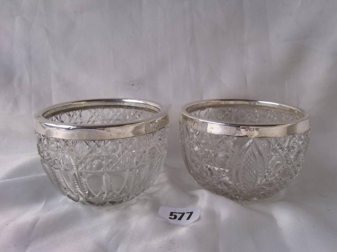 Two cut glass sugar bowls with mounted rims 4” dia Chest/Birm.