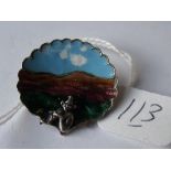 Silver and enamel circular Pixie brooch with scalloped edges 3cm dia