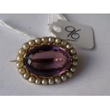 Gold oval amethyst and seed pearl brooch
