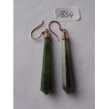 Pair of gold mounted green Jadeite ear pendants 2” long