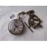 Gents silver case hunter pocket watch on metal Albert