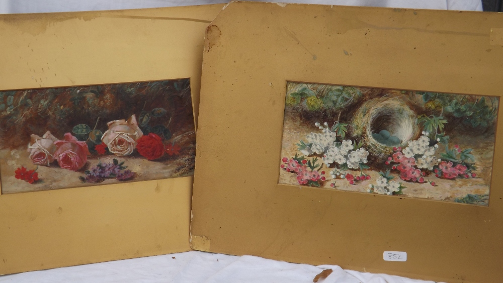 W. H. HUNT – May blossom, birds nest and roses – 6 x 11 A pair unframed