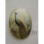 A large painted peacock brooch in plain 9ct mount 5.5cm long