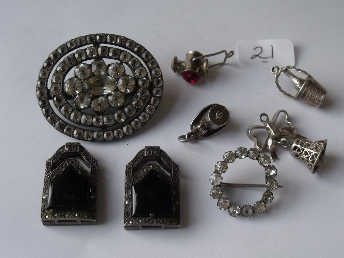 Pair silver & onyx clips, silver charms etc