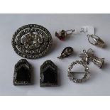 Pair silver & onyx clips, silver charms etc