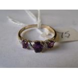 9ct amethyst and diamond five stone ring approx size 'P'