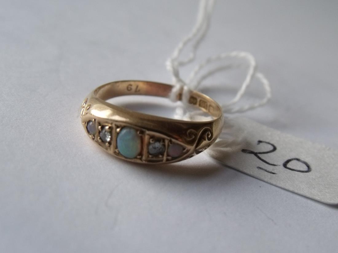 Diamond & opal set 18ct gold boat shape ring approx size 'O'