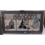 An antique Japanese woodblock print in three sections 29in long