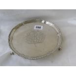 Early George Iii salver with beaded rim three claw and ball feet. 6in diameter London. 1775 by J.