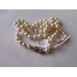 A single row of pearls with 9ct and diamond clasp