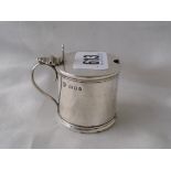 Drum mustard pot with pierced thumb piece. London 1923 by Goldsmiths company 55oz. excluding blue