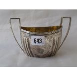 Georgian sugar bowl boat shaped body fluted sides 6.5” over handle Lon. 225g