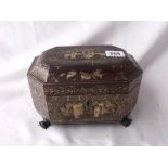 Chinese export tea caddy with lacquered finish & pewter fitted interior 7.5” wide