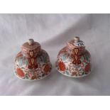 Pair oriental unusual jars & covers in brick red 4” high