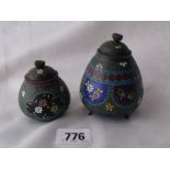 Two small Cloisonné graduated pots & covers2 & 3” high