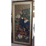 A good Chinese water colour of chickens and flowers on silk 52” X 21” excluding mount