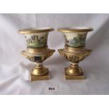 Pair Derby Campana shaped vases with landscape panels 7” high