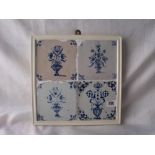 Frame of four Dutch tiles of vases of flowers 10.5” X 10”