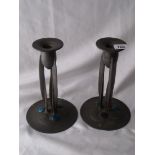 Stylish pair of Tudric pewter & enamel decorated candle sticks model No ...0223 9” high