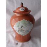 Chinese jar and cover decorated with figures on a coral coloured ground 10” high