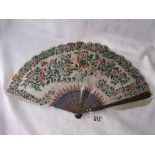 CHINESE PAINTED FEATHER FAN with filigree enamelled fingers 8.5” long