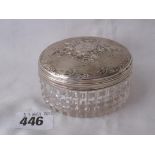 Good quality Victorian dressing table jar with hobnail cut sides and lift off cover. Engraved with