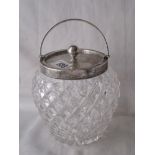 Hobnail cut biscuit barrel with swing handle 5.5” high Birm 1913 by JGS