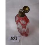 Victorian red flashed glass scent phial with metal cover 3” long