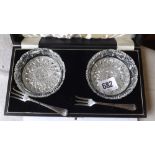 A pair cut glass pickle dishes and 2 pickle forks Birm