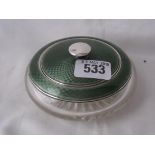 Circular compressed green enamel powder jar 4.5” dia Birm