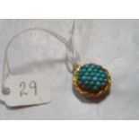 Antique gold & turquoise circular locket back pendant set with hair.