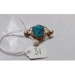 MURRLE BENNETT: 15ct gold Nouveau turquoise and pearl brooch with maker’s mark