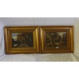 L.H. Reftman Figure with sheep and hay wagon 9”x13” a pair on panel signed