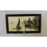 Terry Burke Boats in a harbour on board 11.5”x24” signed