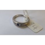 14ct white gold 3 stone gypsy set sapphire & diamond ring. approx size M.