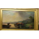 Leslie Smythe Cattle watering in a highland loch 24”x42 signed good frame