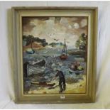 Lucy Harwood - Estuary with boats and figures - 24”x20” signed on reverse