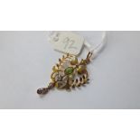 15ct gold marked suffragette Edwardian pendant set with peridot, diamond, pearl and amethyst.