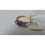 Antique 18ct gold three stone ruby and diamond ring approx size N 2.5g