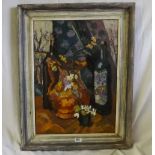 Lucy Harwood - Still life of a jug with flowers and bottle - 22”x16” signed on reverse