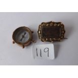 Small antique 9ct mounted compass and a mourning brooch