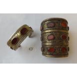 Asian stone set white metal cuff bracelet and another larger one similar