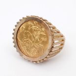 Edward VII gold sovereign, 1908, mounted in 9ct gold ring. Total weight 16g.