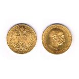 Austro-Hungarian Empire. Franz Josef gold twenty coronas, 1910. Extremely fine.