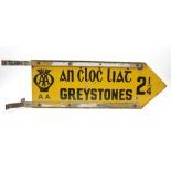 Mid 20th century, Automobile Association yellow enamel finger road sign for Greystones, Co. Wicklow.