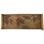 19th Century oriental scroll. A watercolour genre scene of mounted figures playing a polo-type game,