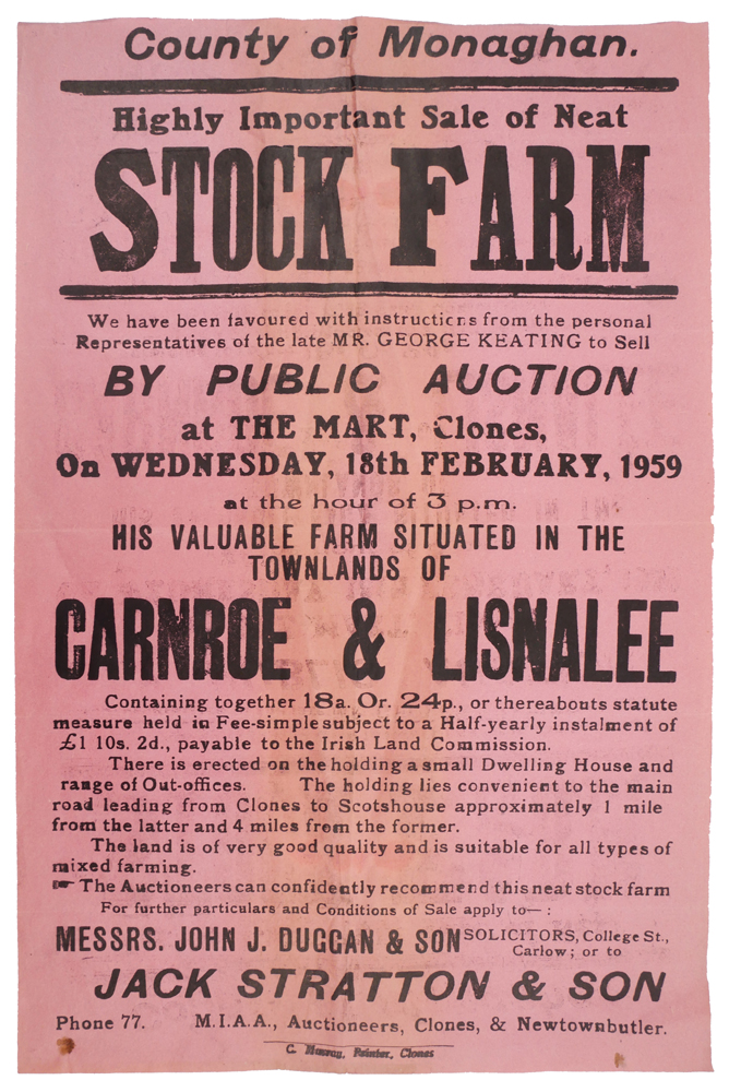 1959 Auction Notice Stock Farm Co. Monaghan. A letterpress poster advertising the sale by public