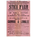 1959 Auction Notice Stock Farm Co. Monaghan. A letterpress poster advertising the sale by public